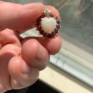 Vintage Heart Opal and Rubies Pendant 14k solid Gold